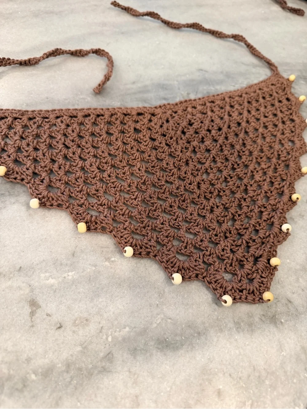 Handmade Crochet Wood Beaded Kerchief Head Scarf Cotton Boho Bandana Cottagecore